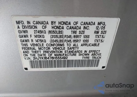 2006 Honda Ridgeline Rts z USA, uszkodzony, nr VIN 2HJYK16476H555492